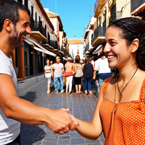 Home 4 ** A friendly, smiling person extending a hand for a handshake. The background is a vibrant, sunny Spanish street scene with tapas bars and people chatting. The overall tone is warm and inviting, representing the initial "breaking the ice" phase of meeting someone new in a Hispanic country. Focus: Approachability, confidence, and cultural immersion.
**