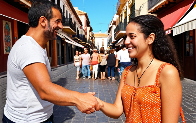 ** A friendly, smiling person extending a hand for a handshake. The background is a vibrant, sunny Spanish street scene with tapas bars and people chatting. The overall tone is warm and inviting, representing the initial "breaking the ice" phase of meeting someone new in a Hispanic country. Focus: Approachability, confidence, and cultural immersion.
**